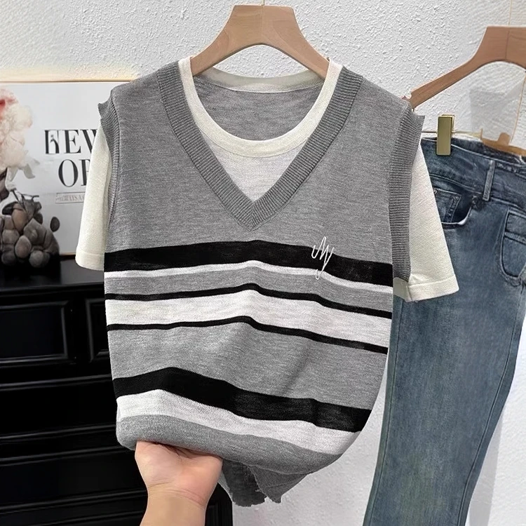 宽松显瘦【80-200斤】假两件撞色短袖T恤女夏季洋气减龄针织上衣潮