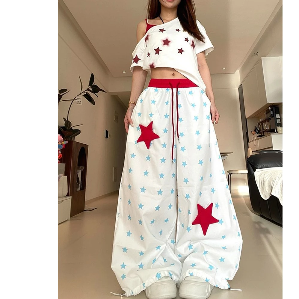 特大码300斤新款立体满印星星阔腿裤男女春秋宽松设计感直筒裤潮2