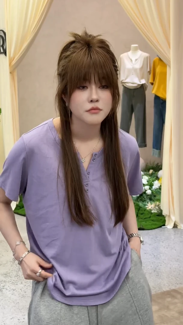 欧货2025春夏新款软糯亲肤透气纽扣V领显瘦百搭纯色短袖T恤上衣女