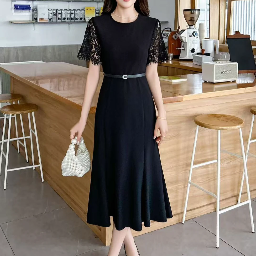 无印心匠B91335 法式高级感收腰显瘦蕾丝拼接短袖连衣裙 K890