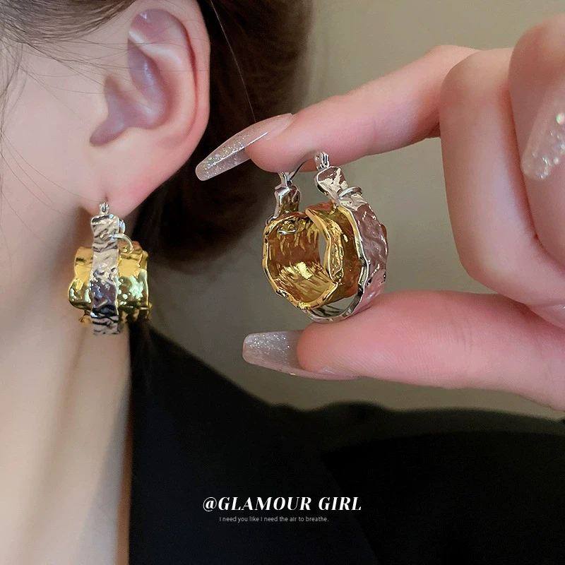 AIYO 个性撞色褶皱金属感圆圈双层耳扣耳环欧美时尚