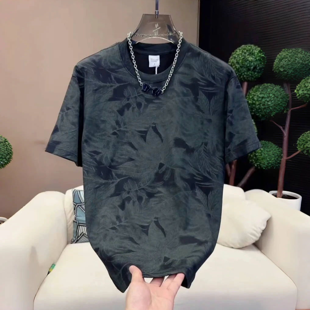 潮牌树叶印花圆领短袖2025夏季新款时尚百搭半袖休闲青年T恤5919
