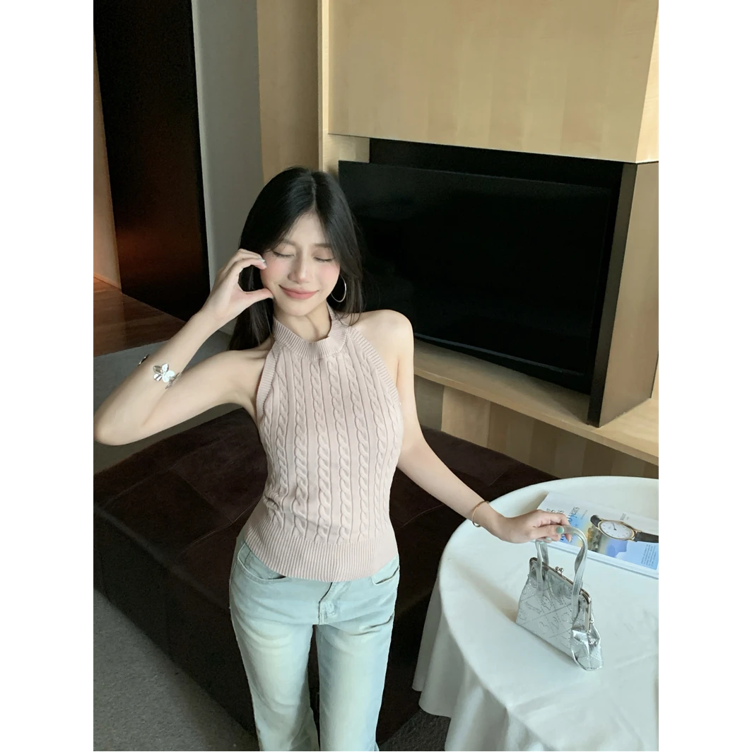 美式复古设计针织无袖挂脖背心女夏新款外穿上衣