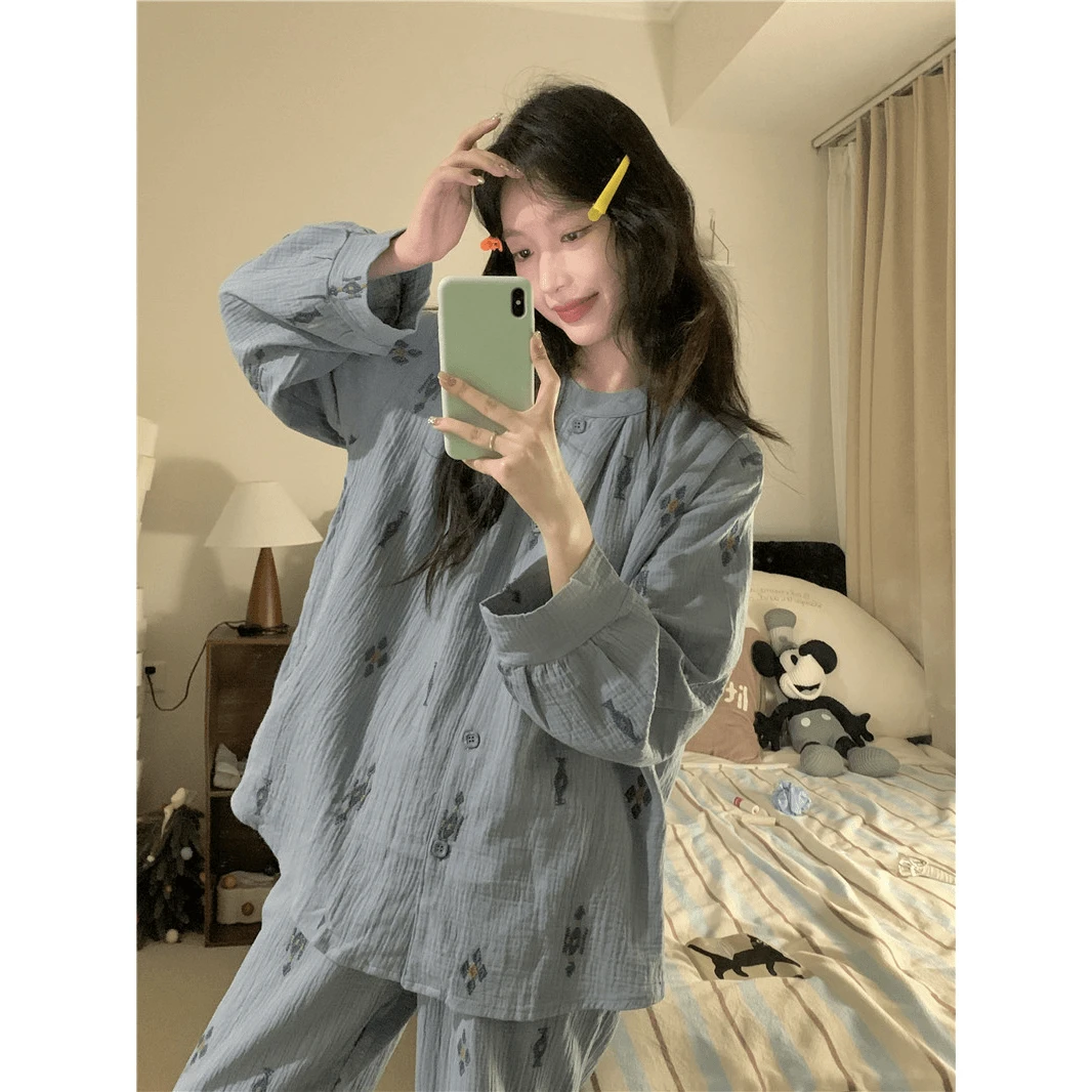 新款ins睡衣女日系韩版甜美简约网红长袖长裤开衫宽松家居服套装