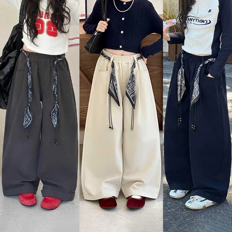 女童休闲裤子春秋2025新款时髦弯刀阔腿裤百搭洋气直筒工装裤宽松