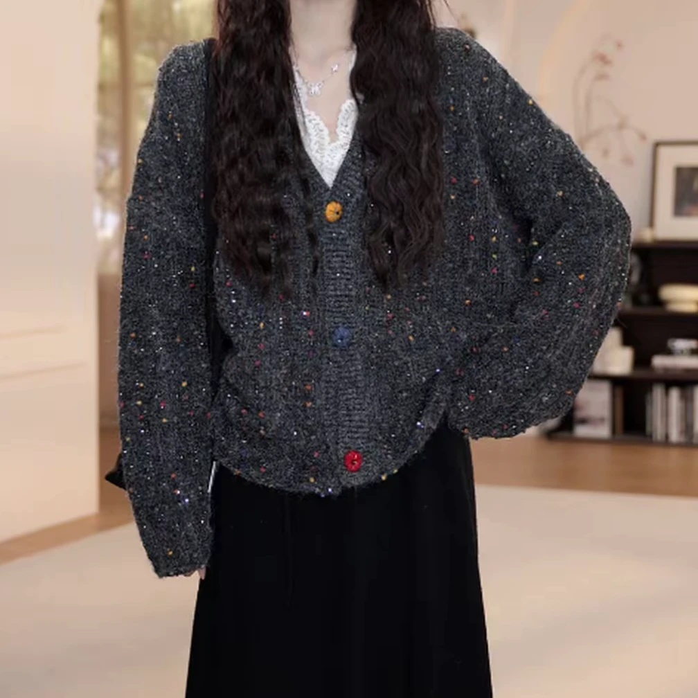 欧货女装2025秋新款设计感彩点软弱慵懒风时尚南瓜扣百搭毛衣