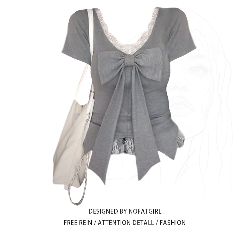 大码胖妹妹纯欲风蕾丝花边蝴蝶结短袖T恤女夏季收腰显瘦正肩上衣