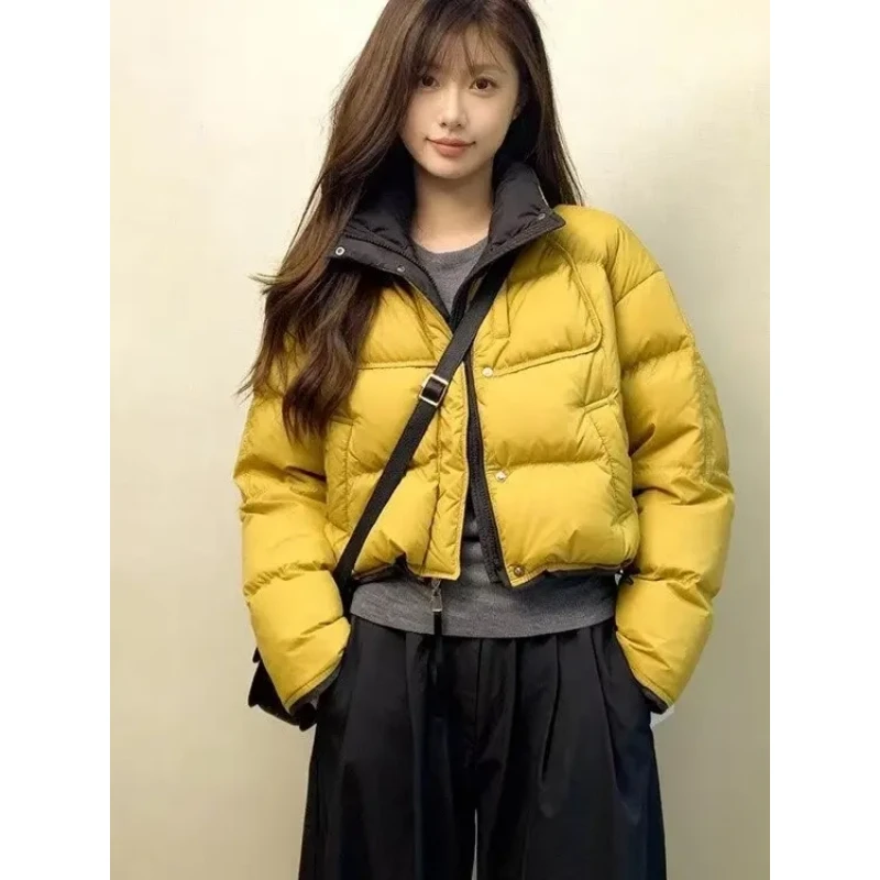 2025巨好看的黄色撞色棉服女冬小个子韩系短款面包服厚外套棉袄