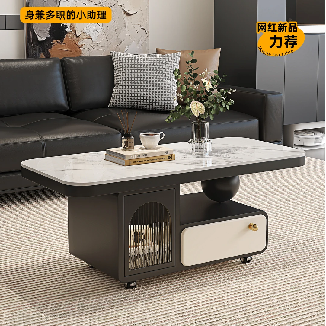 亦克轻奢风可移动茶几客厅家用现代极简小户型储物设计岩板小推车