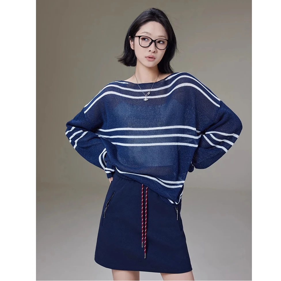 美洋MEIYANG 琴弦套头针织 进口和纸纱清爽随性宽松条纹上衣罩衫U