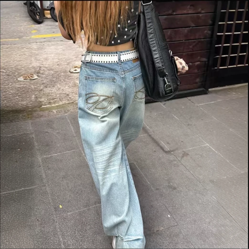 【运费险】美式复古口袋刺绣牛仔裤女新款宽松高腰显瘦阔腿拖地长裤