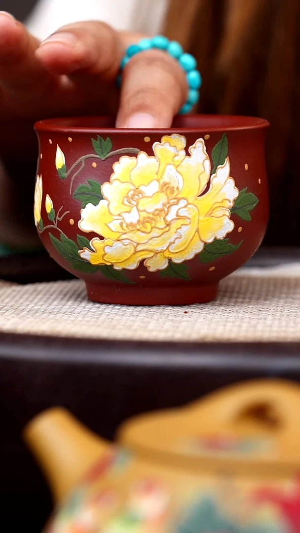 茶壶紫砂朱泥金丝牡丹小口杯013