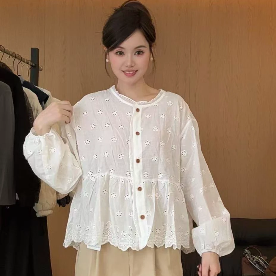 2025秋季新款灯笼袖衬衫女蕾丝钩花镂空娃娃衫上衣小衫