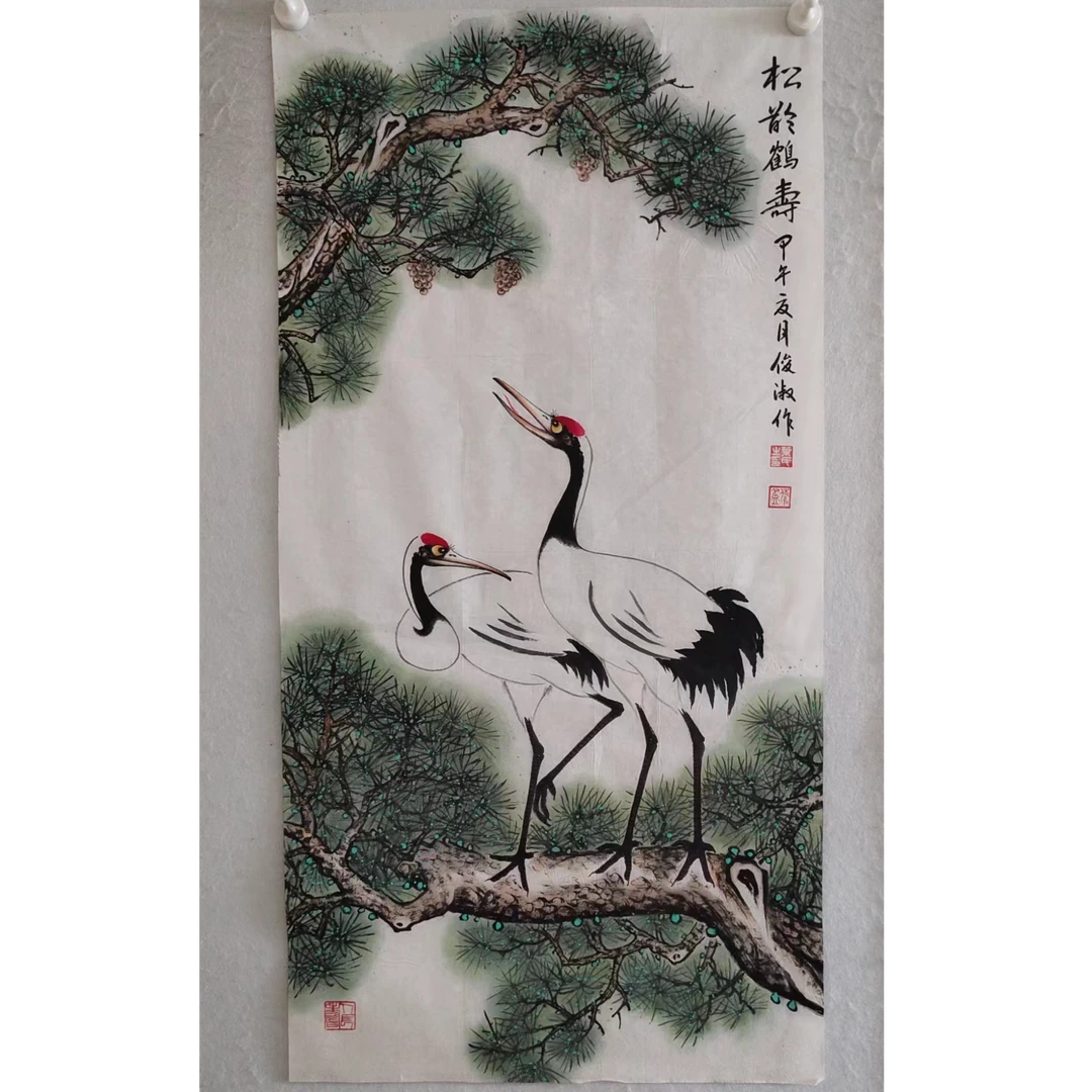 1901 纯手绘花鸟画《松龄鹤寿》中堂  尺寸 100×50