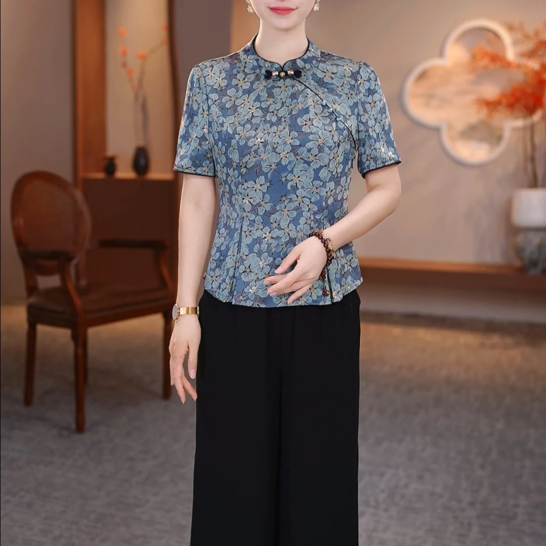 两件套2025夏季新款洋气改良旗袍妈妈装上衣裤子（飞）XKL-2558520