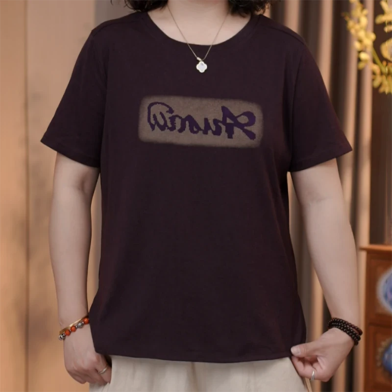 2025年夏季开叉双肩中老年洋气妈妈遮肚子休闲百搭圆领宽松短袖