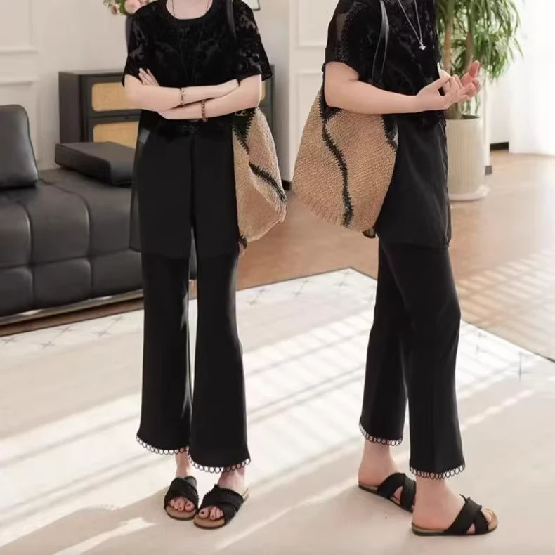 早秋厚款四面弹花边小个子2025新款高腰休闲时尚显瘦九分微辣裤