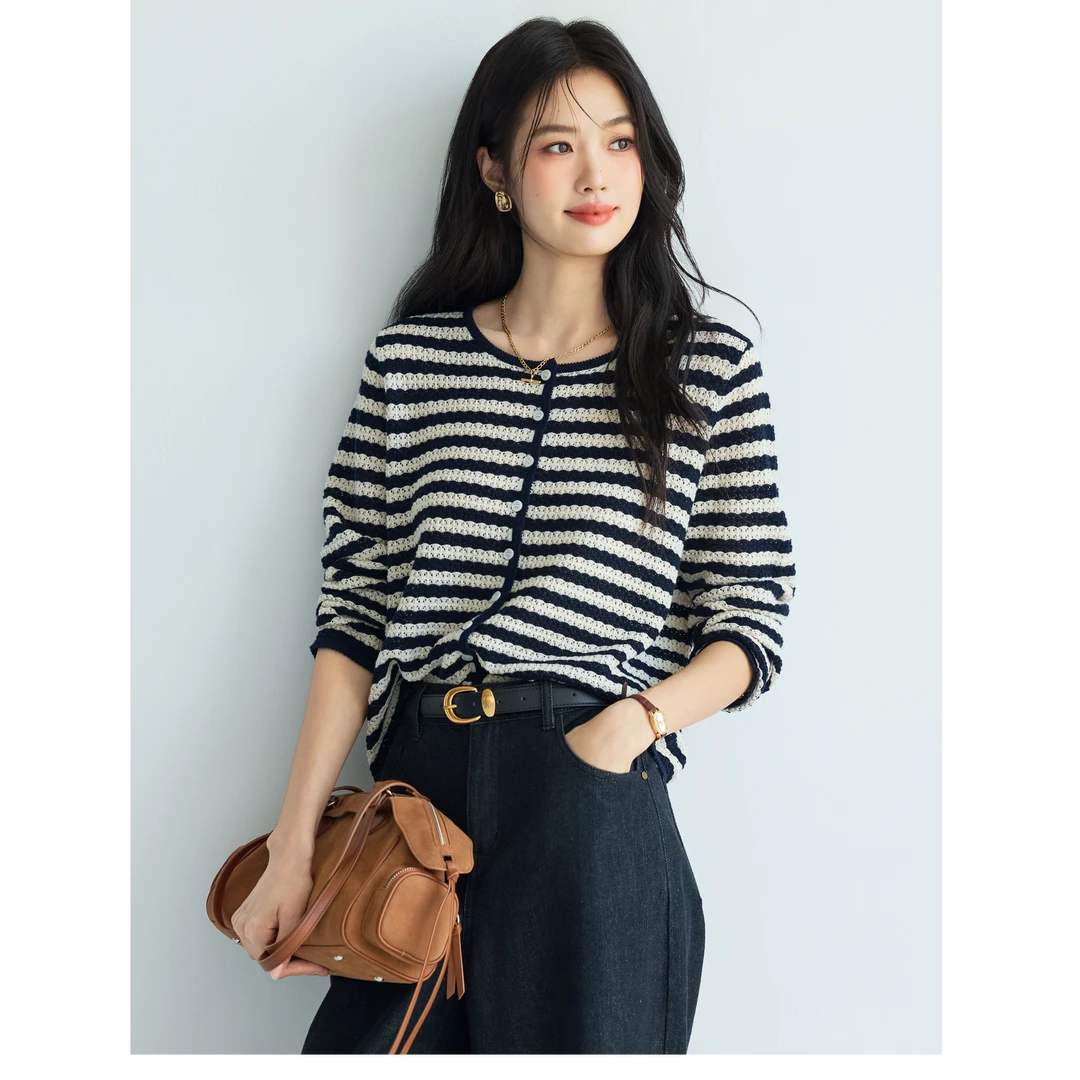 【衣衣专属】伊芙丽条纹开衫镂空花边针织衫2025秋新款1G8932331