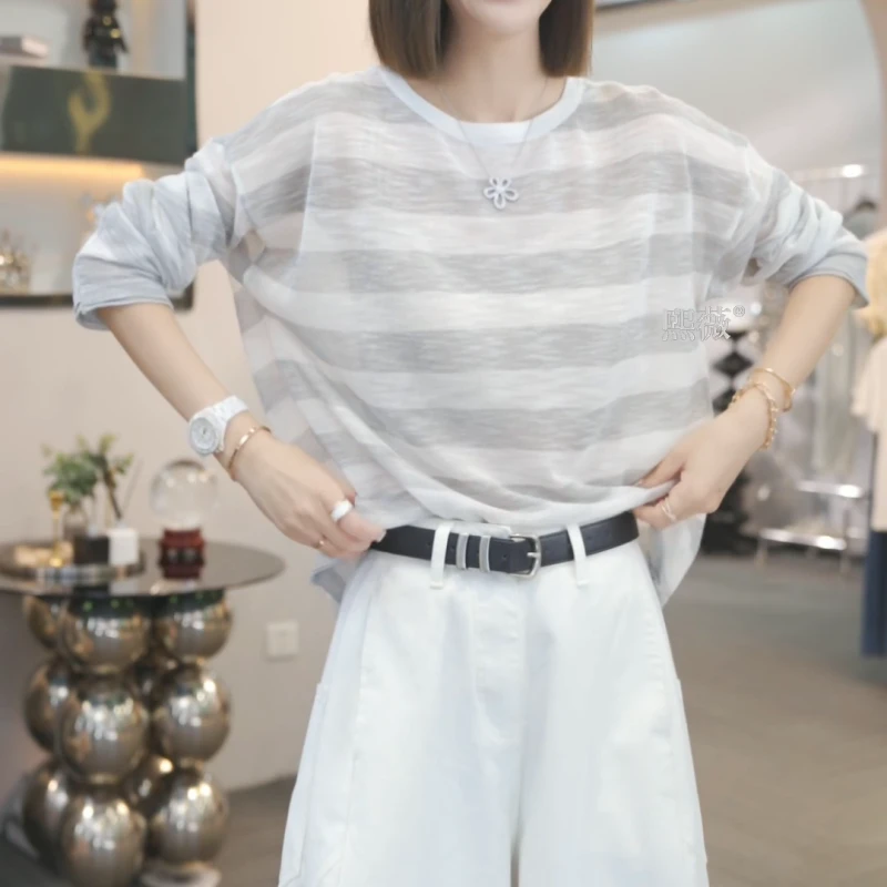 【灰阶声谱】2025夏季新款后交叉设计条纹罩衫上衣LK2504206