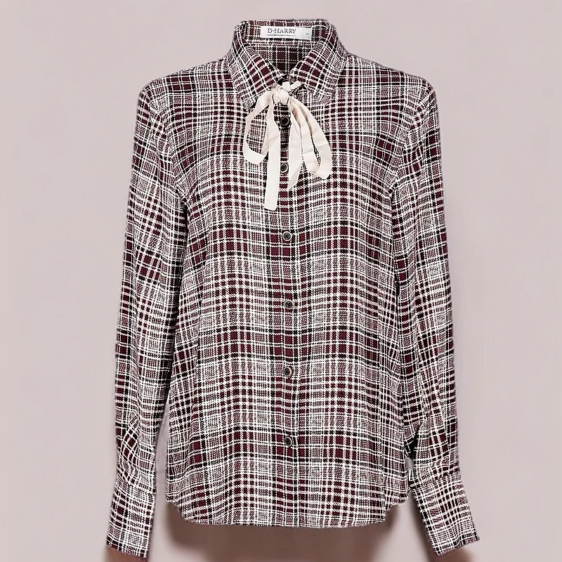 D-HARRY/迪哈利红色格纹衬衫女百搭休闲长袖显瘦衬衣DH224D95656D