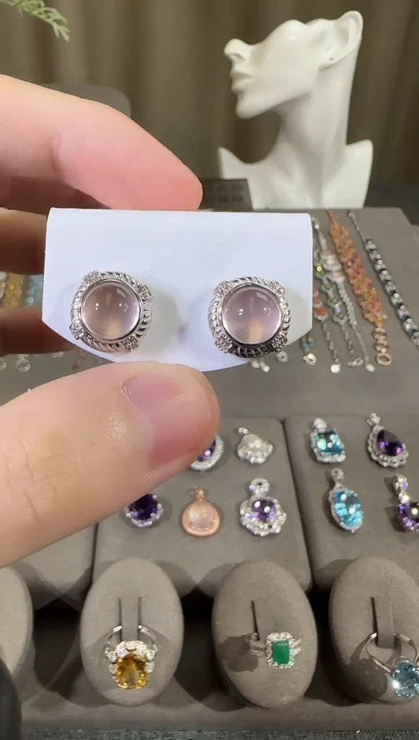 银S925镶嵌耳饰芙蓉石12mm星光粉水晶耳钉