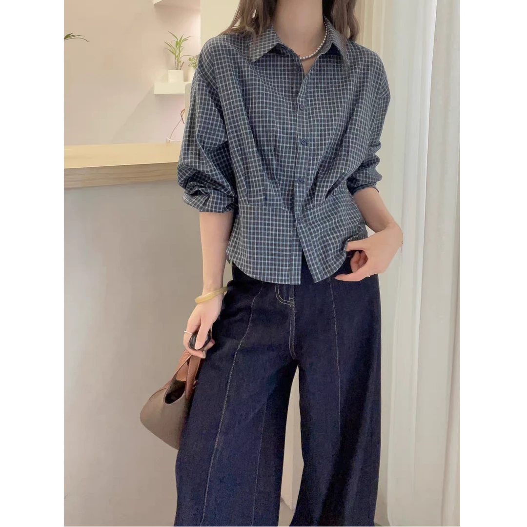 欧洲站2025早秋新款欧货格子收腰短款衬衫女士春秋七分袖衬衫上衣