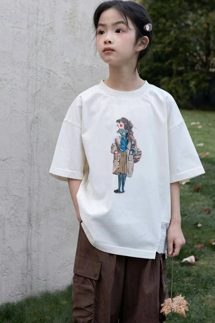 2025夏季新品女童中大童t恤不规则花边印花宽松T恤纯棉上衣 A301