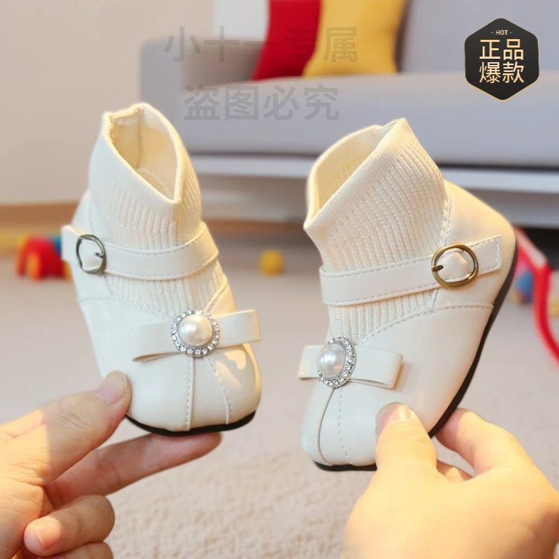 女童春秋新款宝宝公主鞋飞织鞋袜子靴儿童皮鞋时尚婴幼儿学步鞋潮