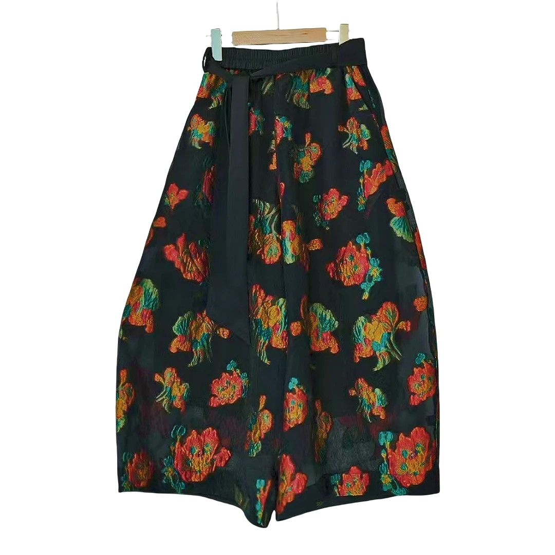 欣欣轻奢月华浓 八分裤鸢尾花花苞裤松紧腰带气质提花夏女装XH439