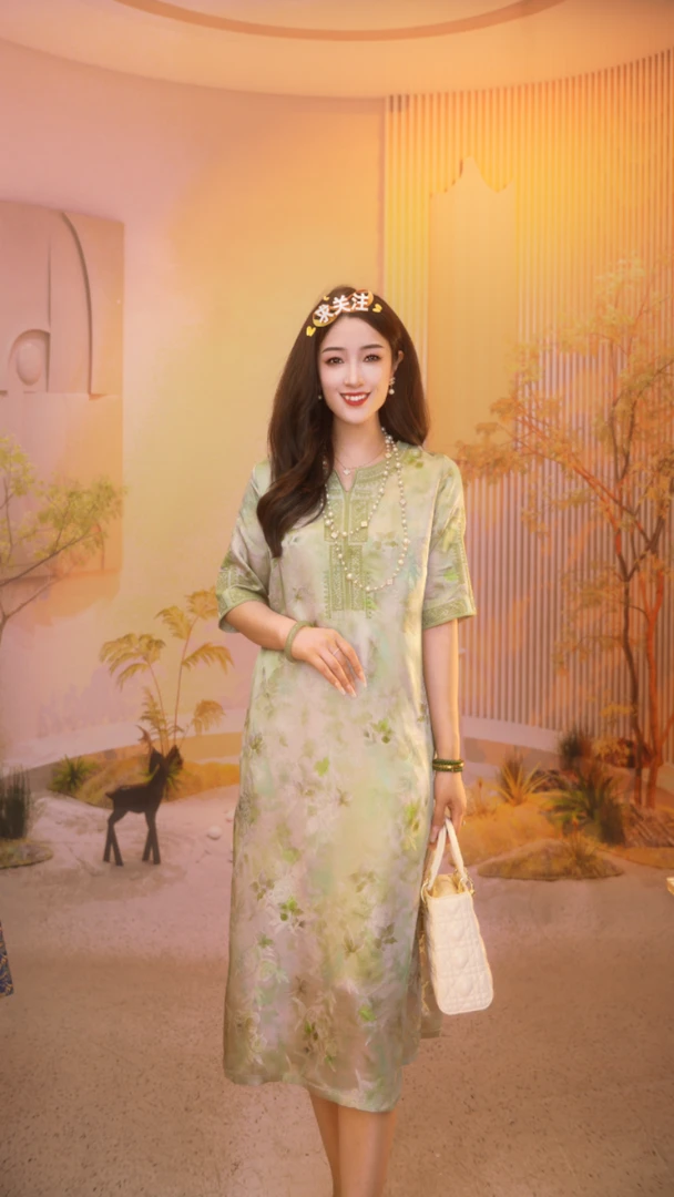 清薄荷|新中式v领提花清冷显瘦连衣裙2025B0583奇奇