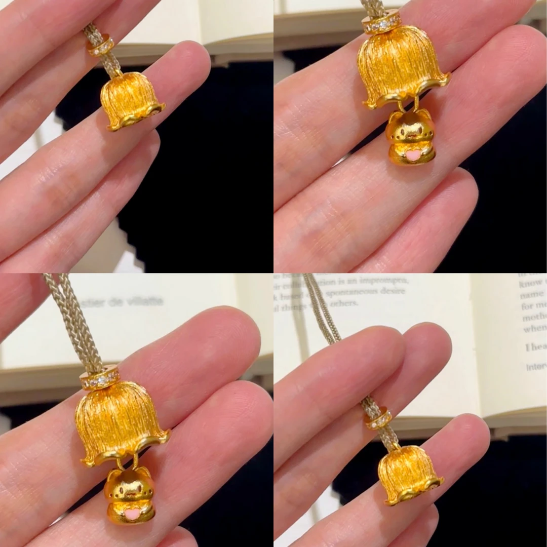 铜合金项链 铃兰花喵项链古法丝绒拉丝工艺可爱卡通躲猫猫项链