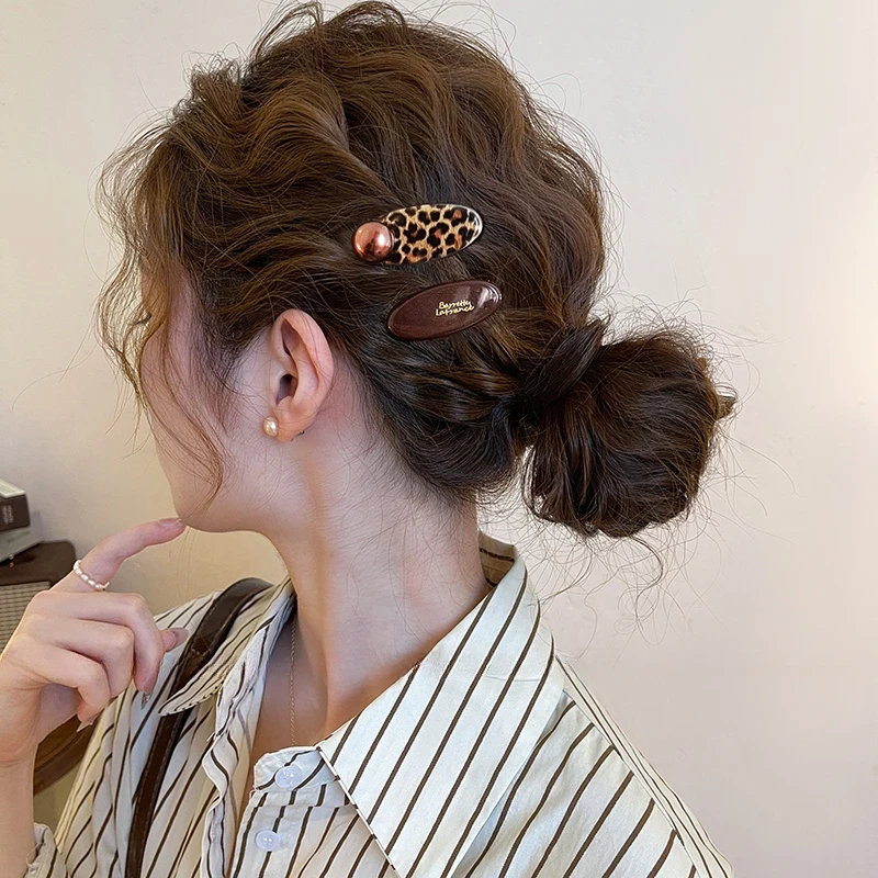 复古豹纹圆珠发夹女前额侧边夹2025新款碎发刘海夹子高端发卡头饰