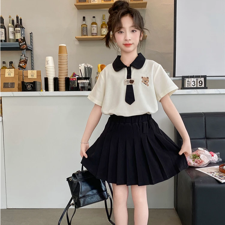 女童夏装短袖t恤2025新款洋气学院风女孩夏季Polo衫百褶裙两件套8
