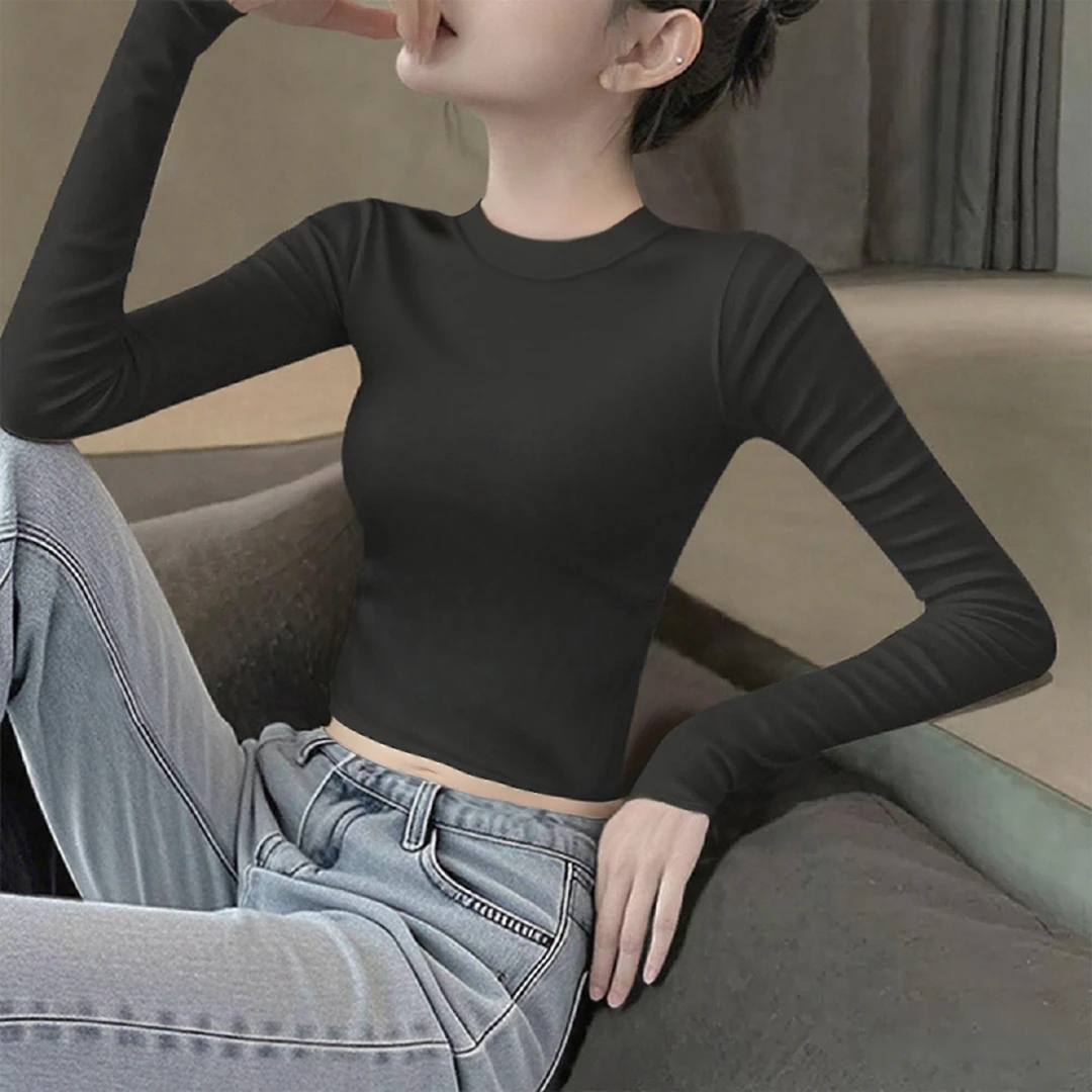 95棉黑色小立领打底衫女内搭2025新款春秋短款紧身长袖字母上衣潮