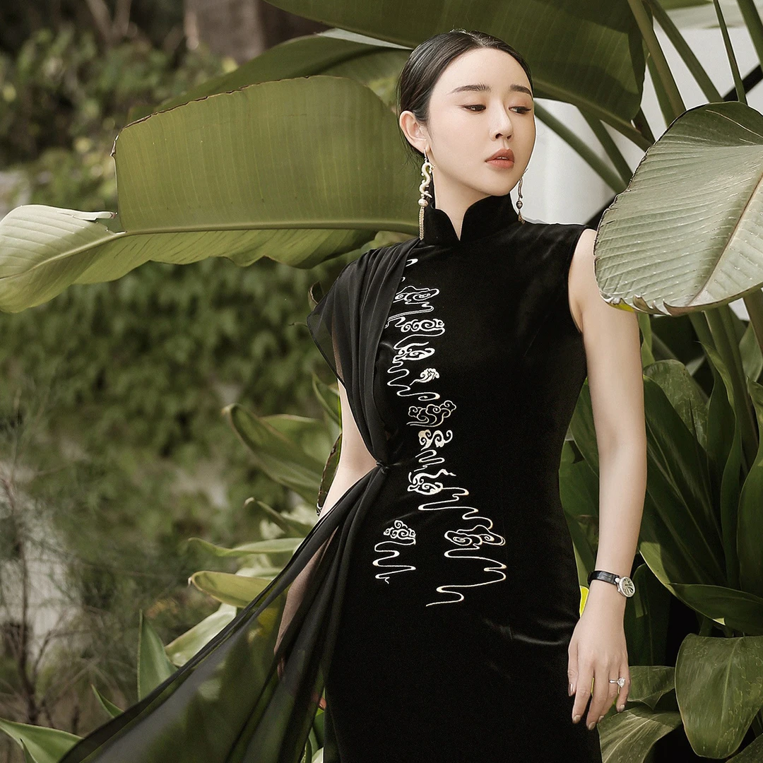 LADYPOWER祥云飘纱丝绒旗袍30250A