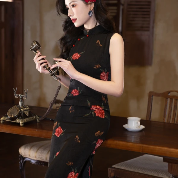 苏派正品黑色红玫瑰旗袍新款春夏年轻款少女高端长款日常聚会气质