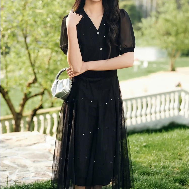 25n春夏蕾丝显瘦气质时尚黑色复古法式连衣裙（24L0802）