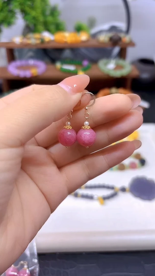 14K金镶嵌菱锰矿（红纹石）耳坠E794