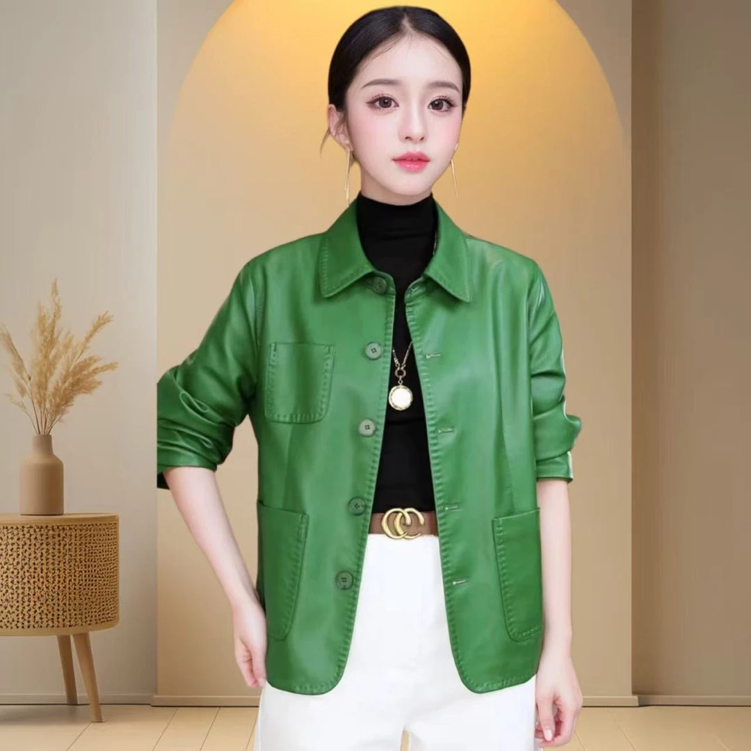 【新粉立减】海宁正品2025春秋新款时尚休闲百搭翻领气质皮衣外套女