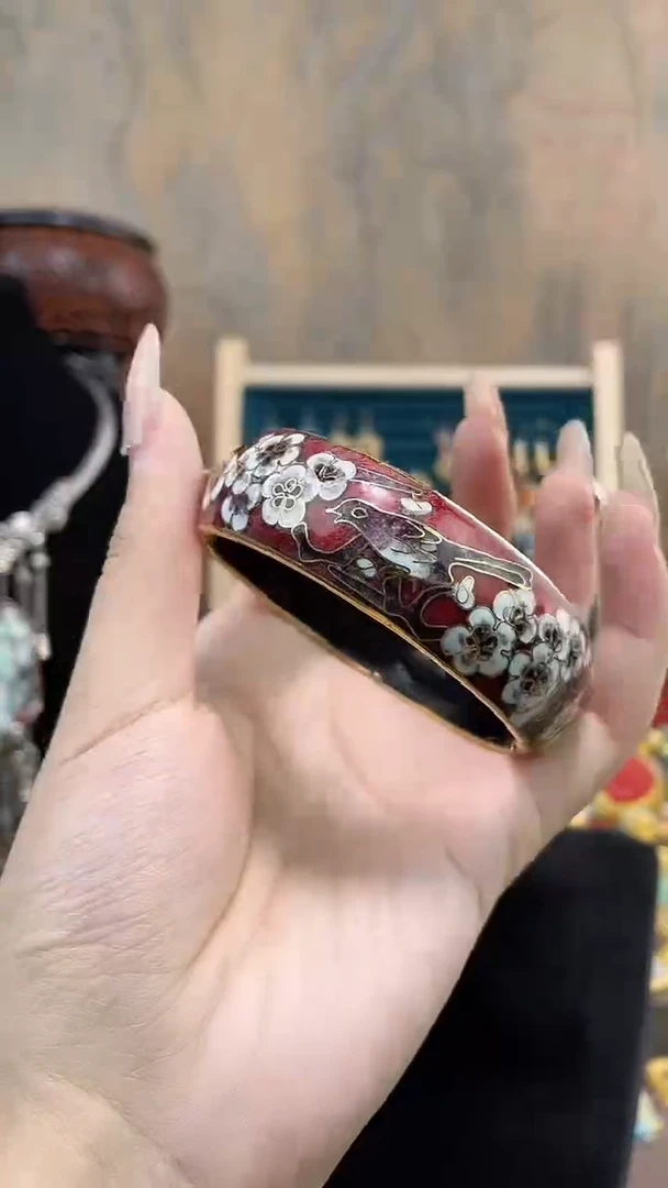 非遗手工景泰蓝开口银蓝镯子红色