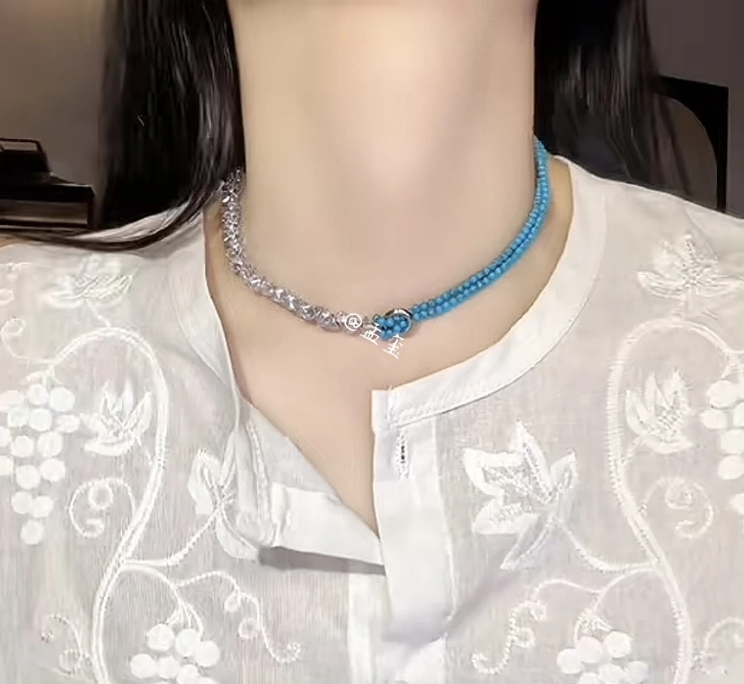 铜合金锆石项链 云水蓝纹理撞色项链女时尚小众设计感