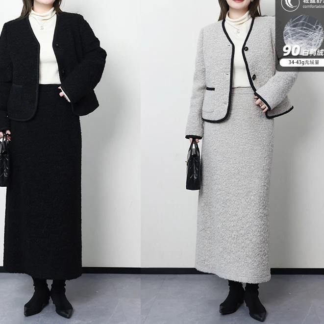 QC李潇洒【雾白清秋】微胖大码女装冬夹羽绒毛呢小香风套装ZY311H59