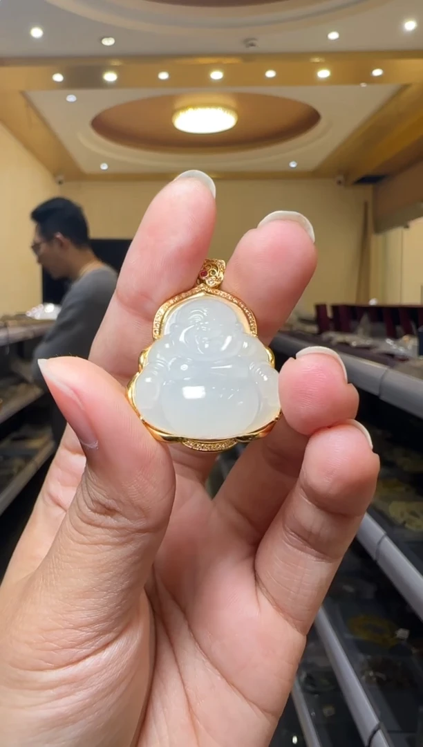 【闪购商品】和田玉吊坠(不含链)18K金镶嵌约25mm白玉佛公18k金镶嵌