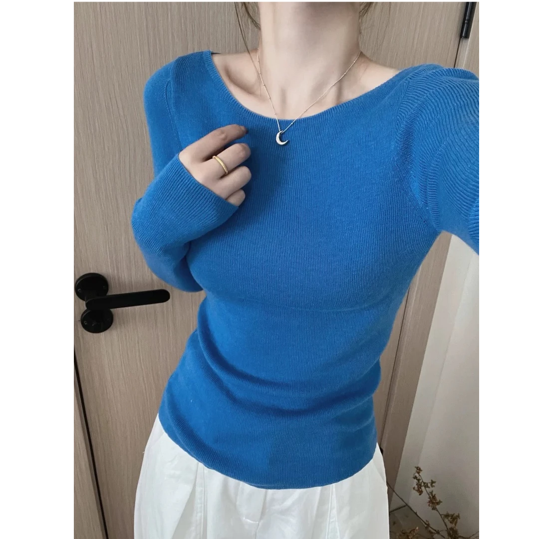 糖果色简约圆领长袖针织打底衫女2025年秋季新纯色修身弹性毛衣