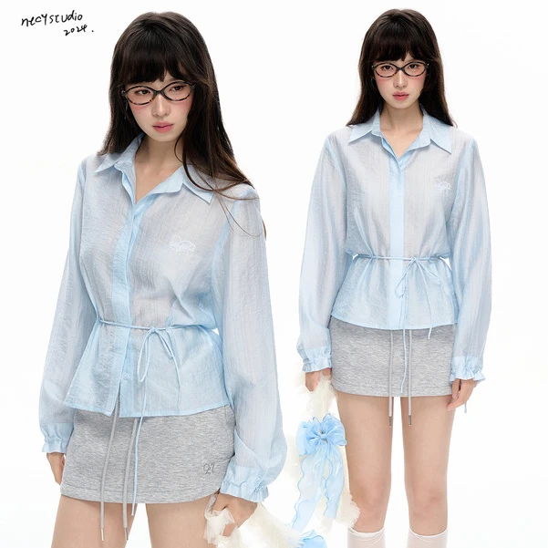 NECY 蓝色格纹收腰系带衬衫爱心刺绣原创设计肌理感气质