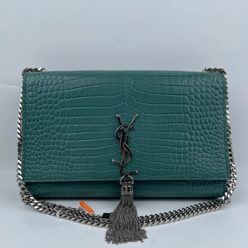 95新 YSL/圣罗兰 YSL牛皮压纹kate流苏包24cm绿色银扣9Q02