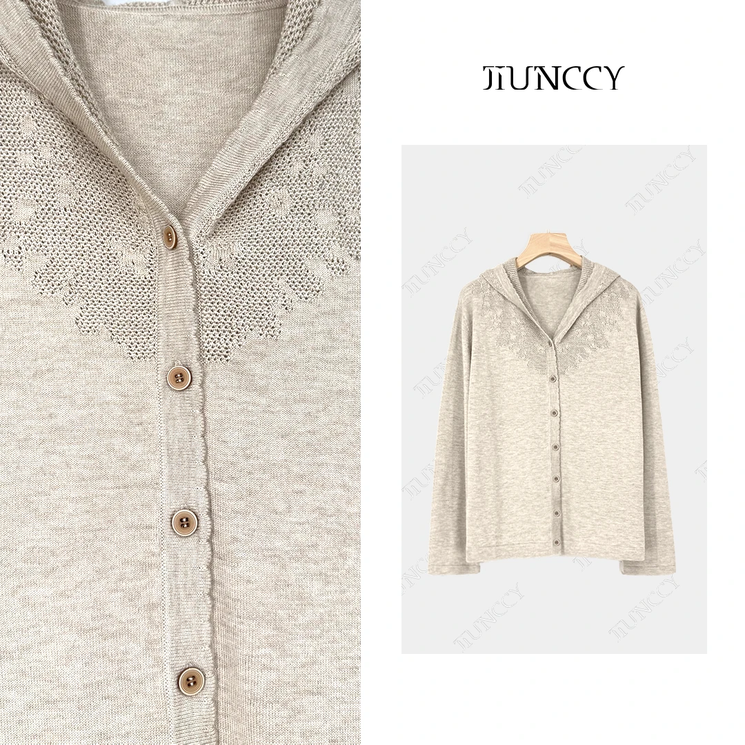 JIUNCCY【云谷】羊毛真丝混纺肩部微镂空提花连帽针织开衫 52YZZ119
