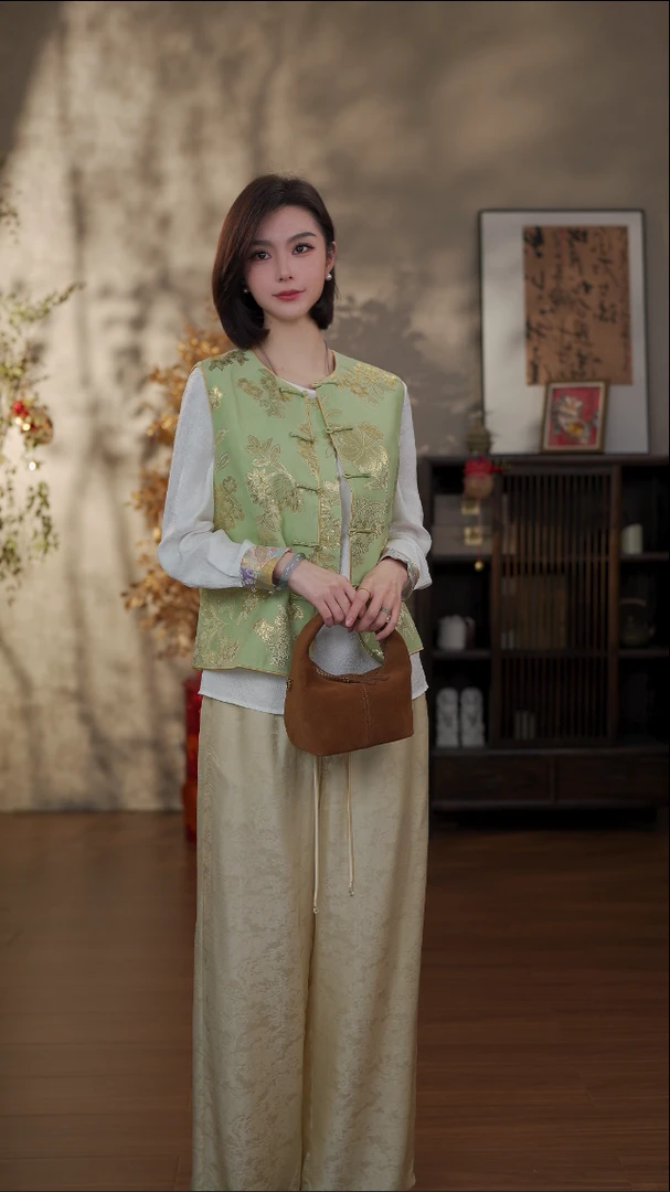 GONG QUE【风铃花】新中式早春款桑蚕丝圆领提花马甲 242460