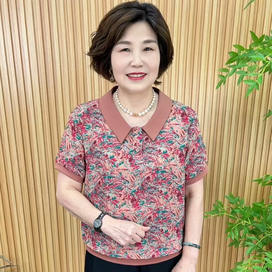 印花娃娃领时尚拼接植物花卉T恤宽松夏装气质工装风V8838妈妈装