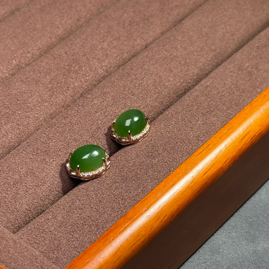 S925银和田玉碧玉时尚蛋面耳钉 L新疆发货 微色差